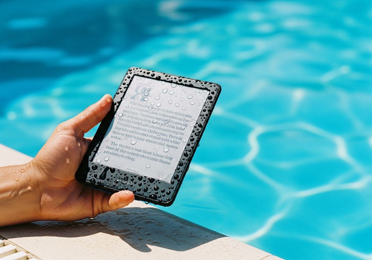 プールサイドで使われる防水電子書籍リーダー