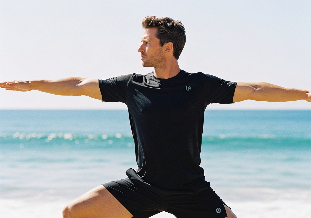 ビーチで戦士のポーズをとる人物とlululemonのウェア