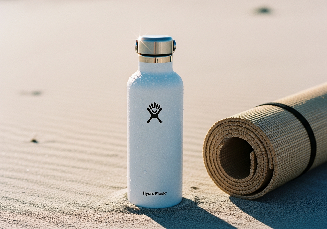 ヨガマットの横に置かれた、水滴のついたHydro Flask
