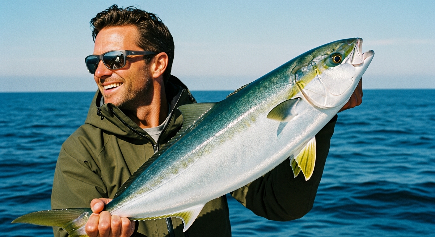 釣り上げた青物と釣り人の達成感に満ちた表情