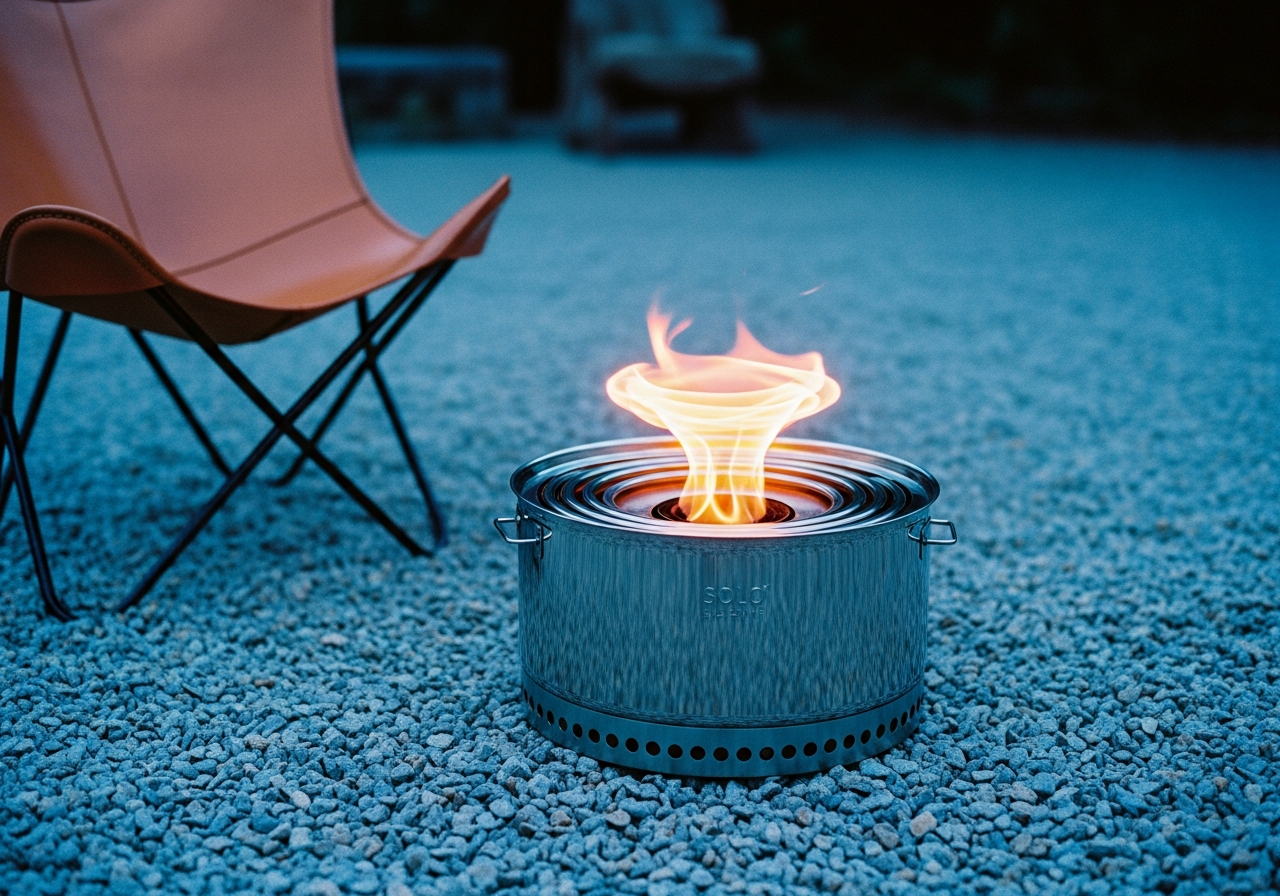 Solo Stove Bonfire 2.0が置かれたモダンな別荘のテラス。美しい二次燃焼の炎が上がっている。