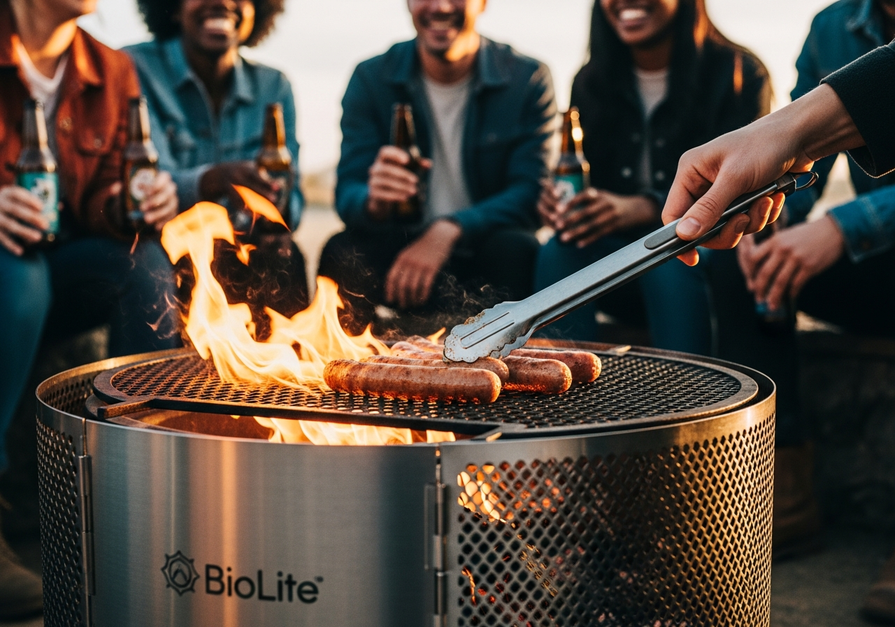 BioLite FirePit+でソーセージを焼いているシーン。X-Rayメッシュから炎が見える。