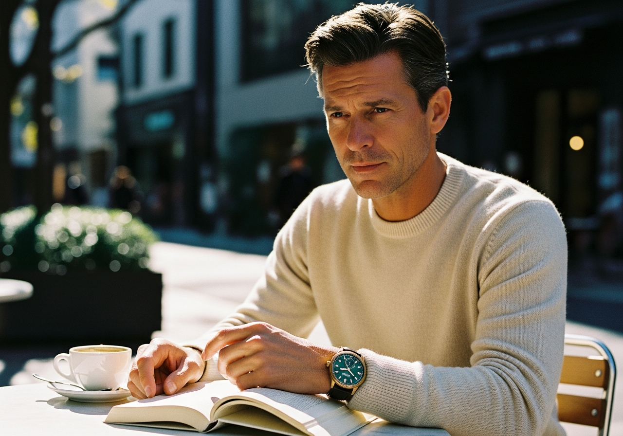 カフェのテーブルで本を読む男性の手元。袖口からオリスのブロンズウォッチが覗いている