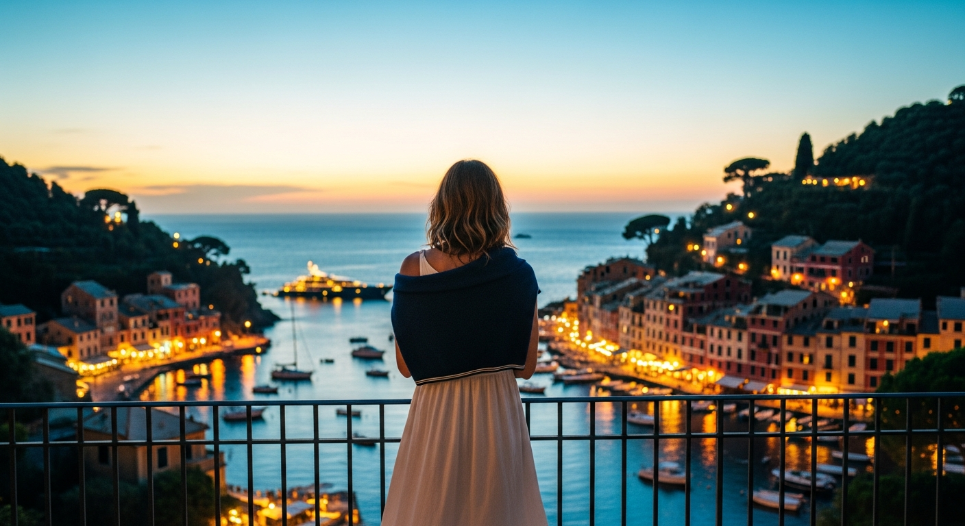 ポルトフィーノの夜景と女性