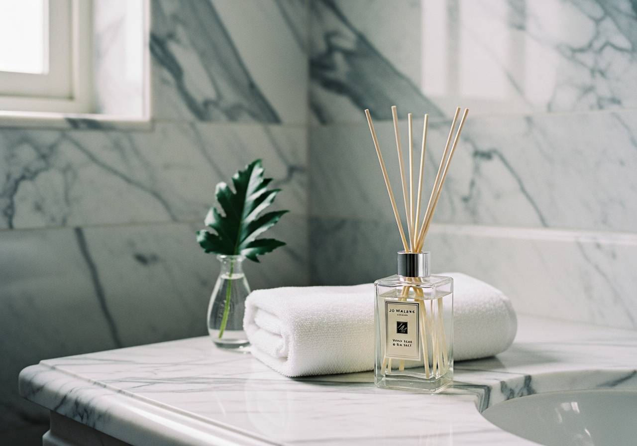 高級感のあるバスルームの洗面台に置かれたJo Malone Londonのディフューザー