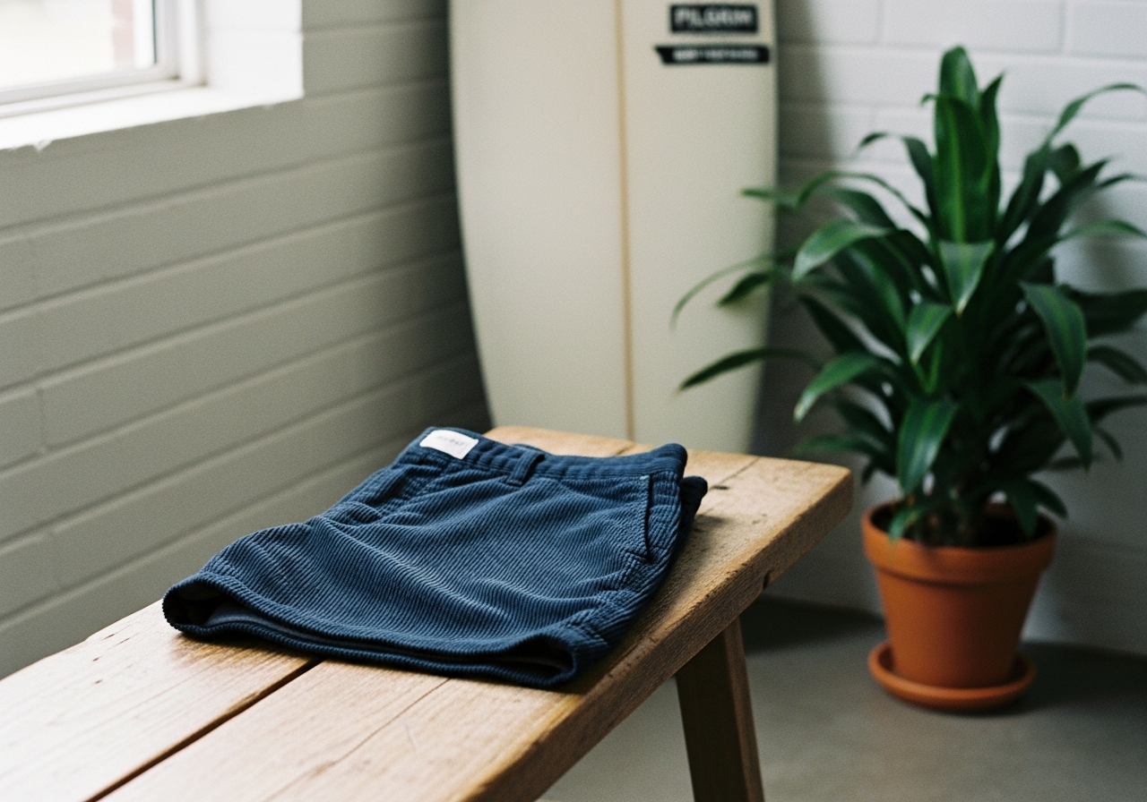 Pilgrim Surf+Supplyのコーデュロイショーツが置かれたシーン