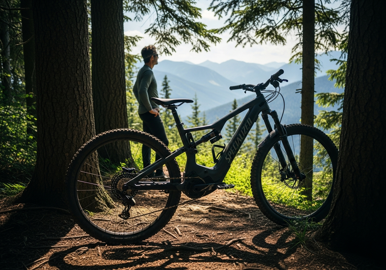 森の中のトレイルに置かれたSpecialized Turbo Levo