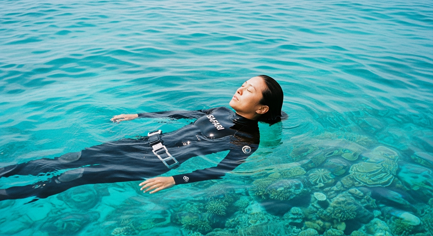 沖縄の透き通った海で、水面に浮かび呼吸を整える女性ダイバー