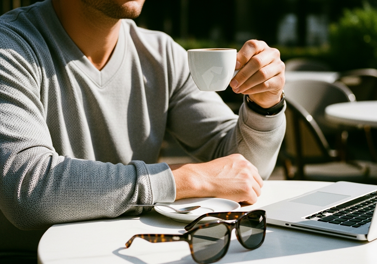 カフェのテラス席でエスプレッソを飲む、グレーのセットアップの男性