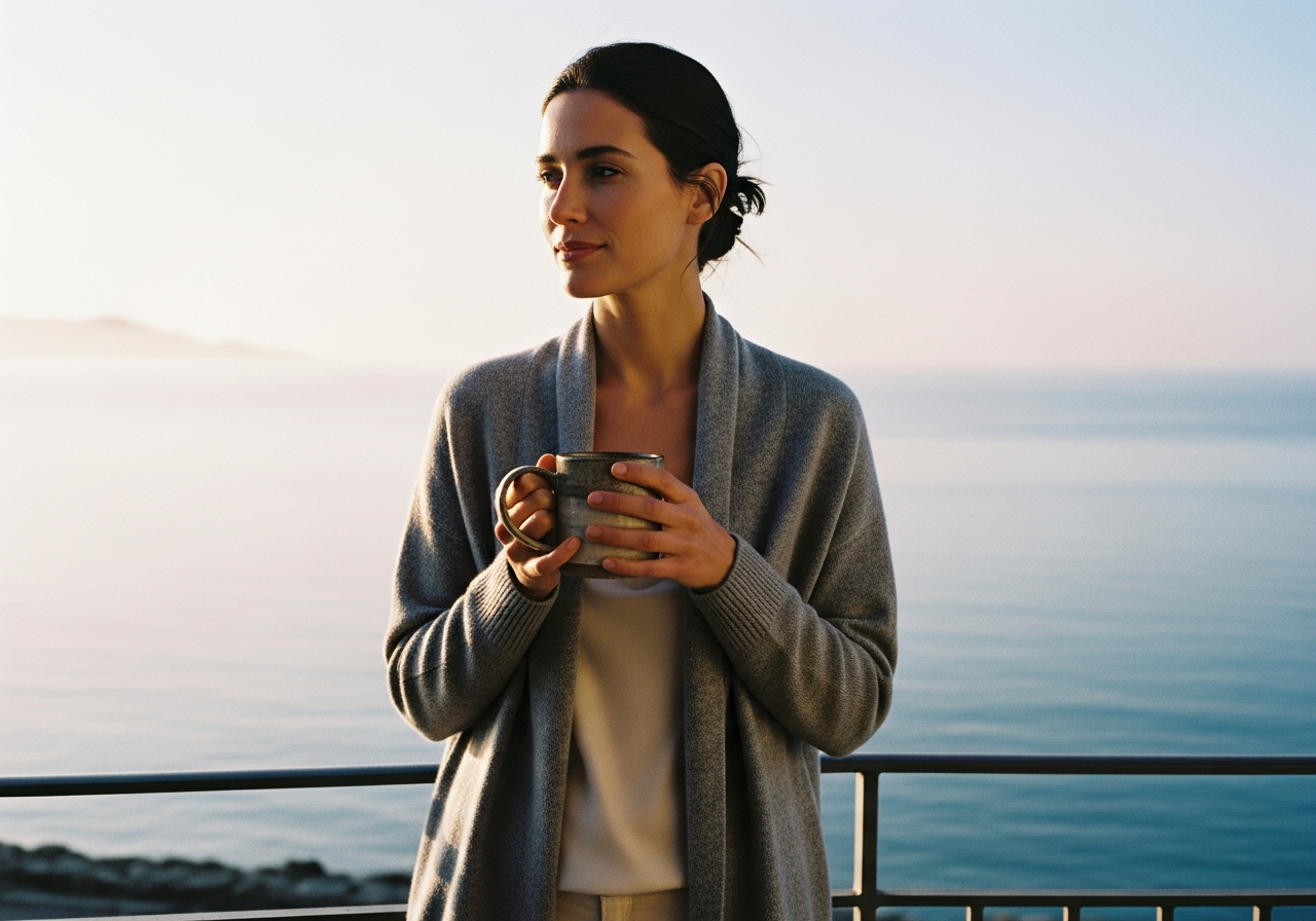 女性がバルコニーでJohn Smedleyのカーディガンを羽織り、海を眺めている情景