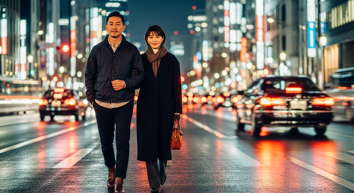 夜の東京、ネオンを背景にナイロンブルゾンで歩くカップル