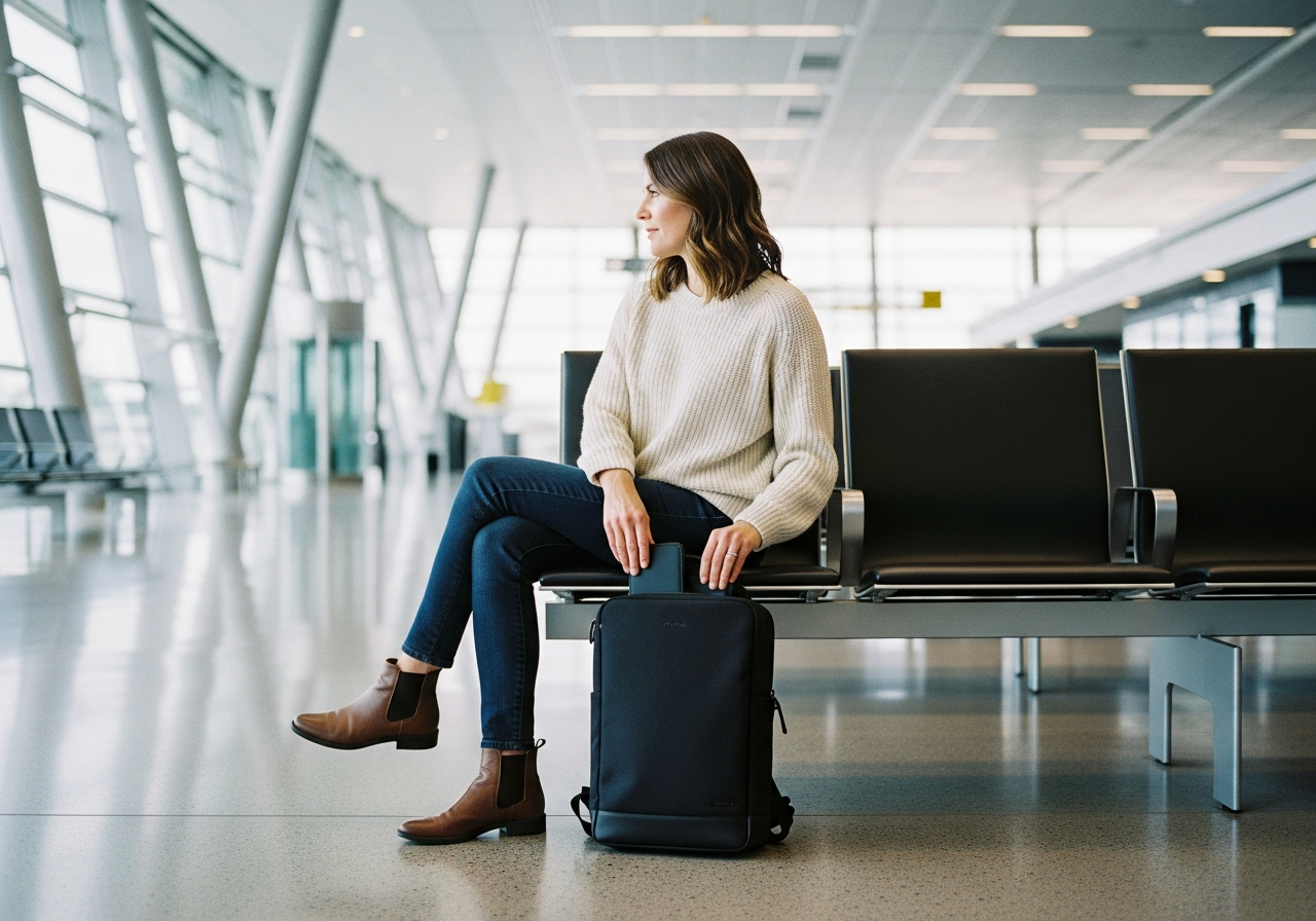 空港のラウンジで、足元に置かれたスリムなバックパックからタブレットを取り出す女性の手元