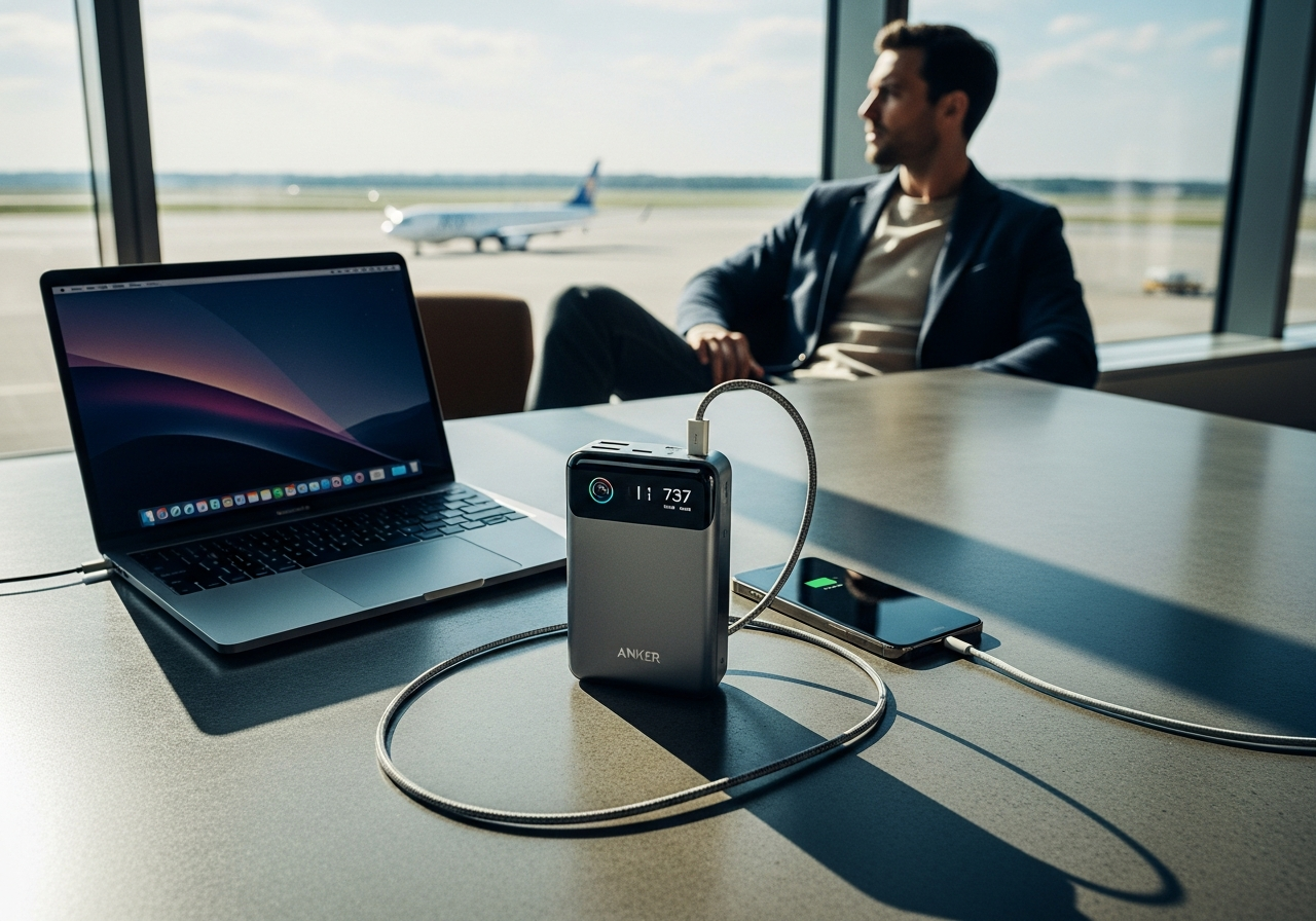 空港ラウンジのテーブルで複数のデバイスを充電するAnkerのパワーバンク