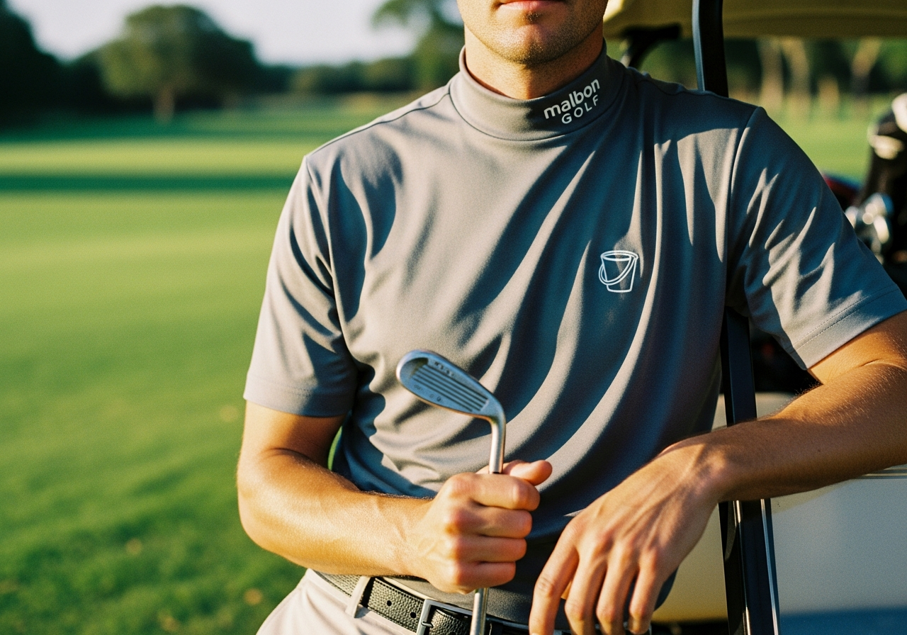 男性がMalbon Golfのモックネックシャツを着てゴルフカートにもたれかかっている