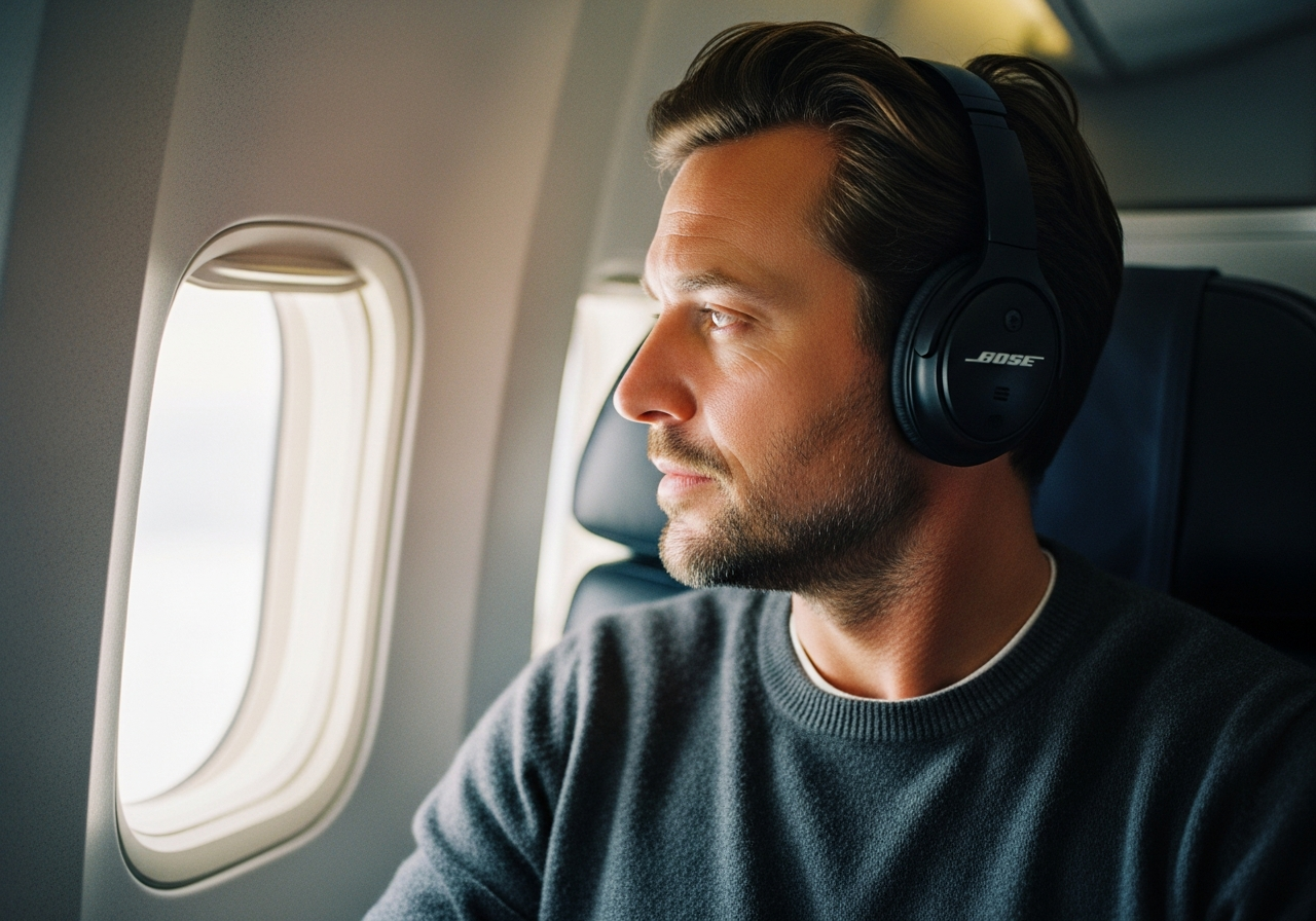 Boseのヘッドホンを装着し、飛行機の窓から外を眺める男性