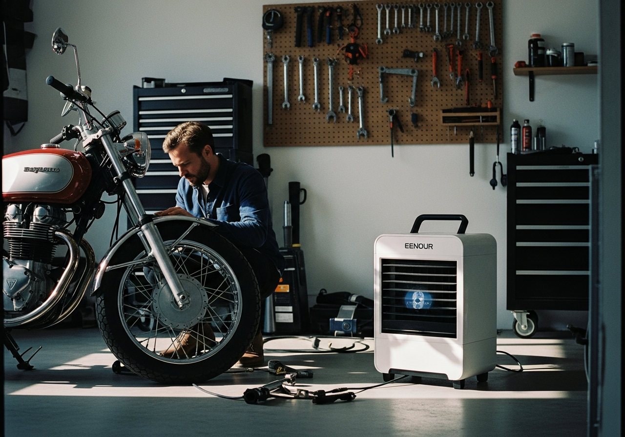 ガレージでバイクを整備する男性の傍らに置かれたEENOURスポットクーラー
