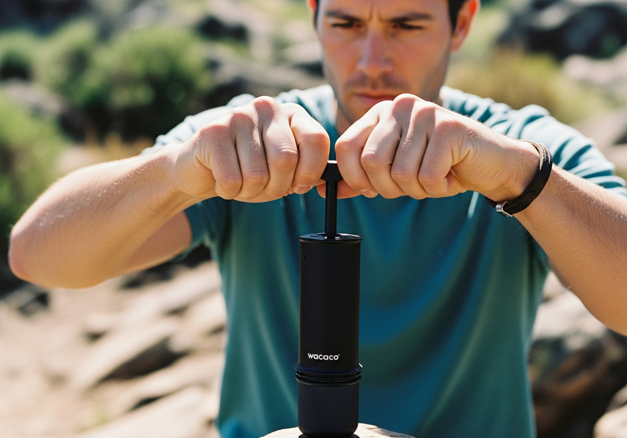 Wacaco Nanopressoを使い、トレッキング中にエスプレッソを淹れる男性