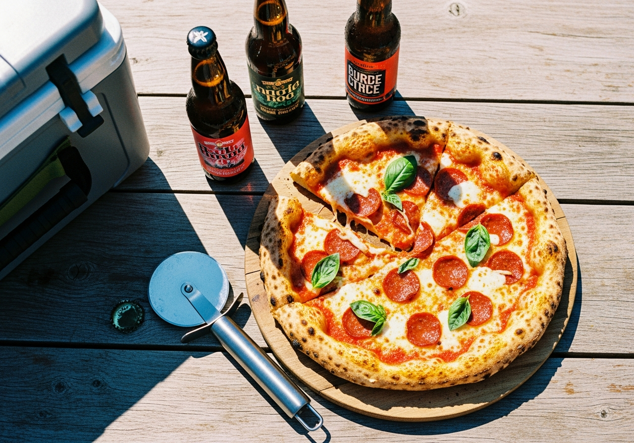 ピザとクラフトビール、クーラーボックスがあるテーブル