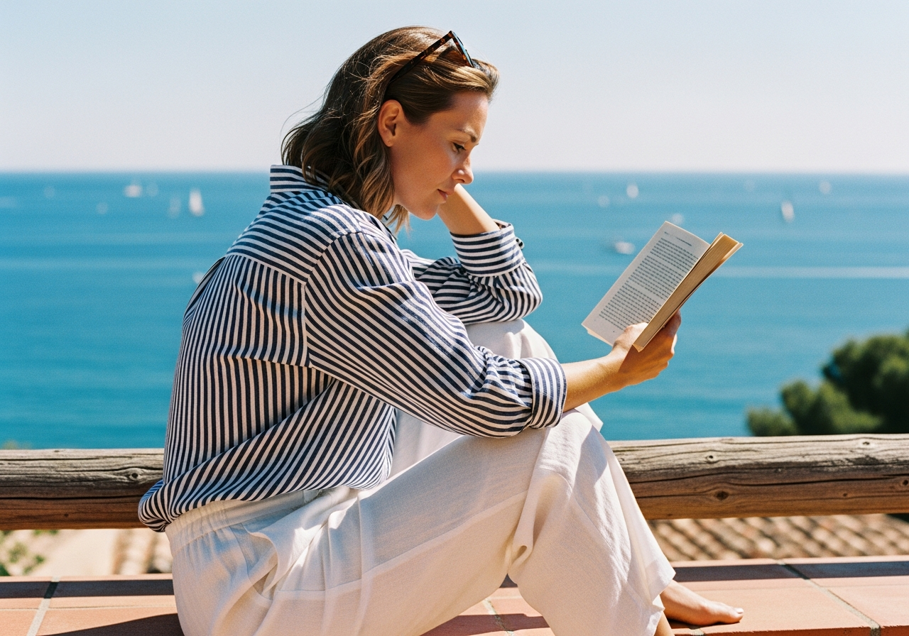 海辺のテラスでArmor-luxのボーダーシャツを着て本を読む女性