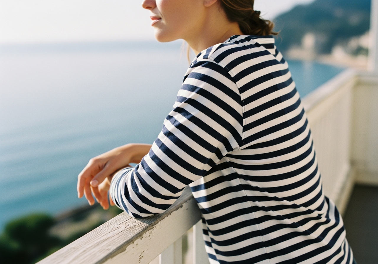 バルコニーで海を眺める女性が着るボーダーTシャツ