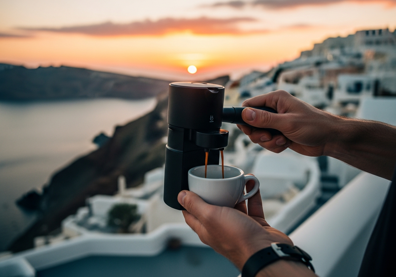 サントリーニの夕日を背景に、ポータブルエスプレッソメーカーでコーヒーを淹れる