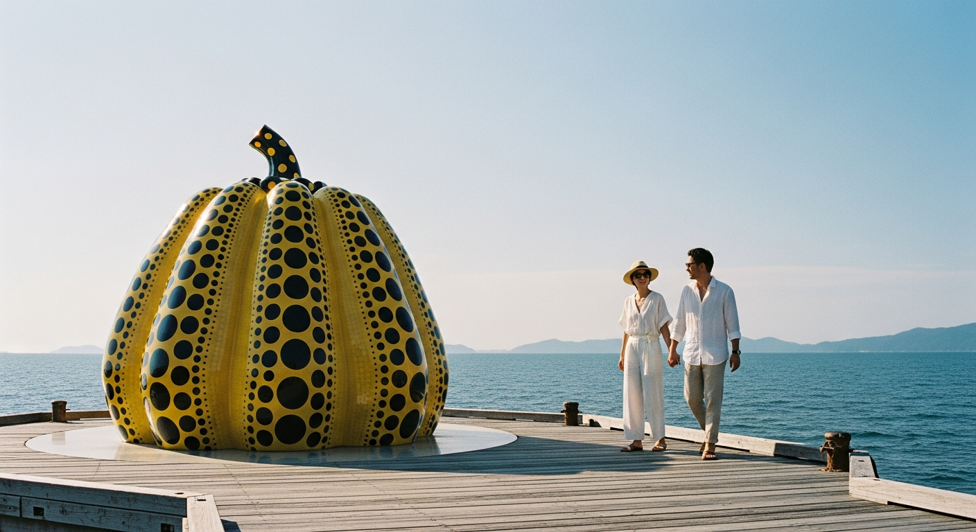直島の桟橋に佇む草間彌生のアート作品と穏やかな海