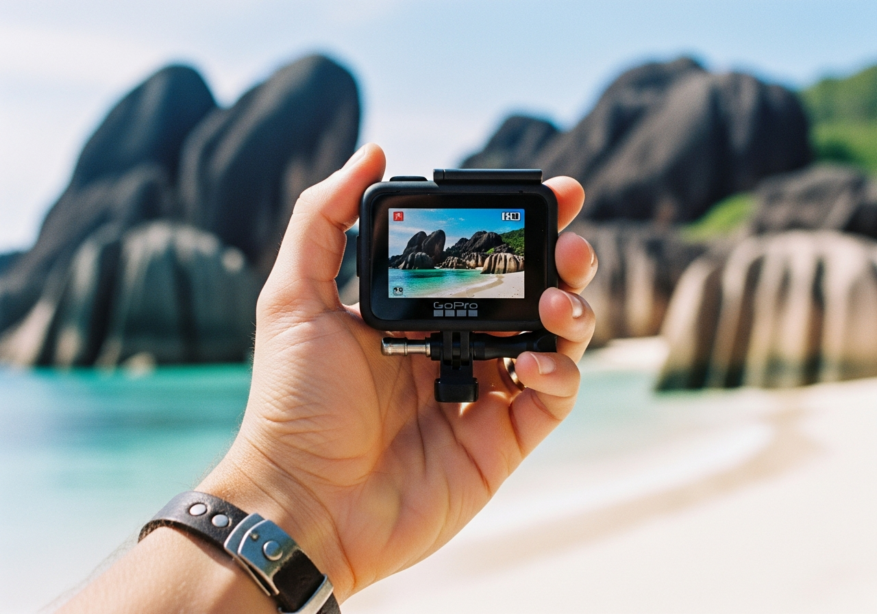 巨大な花崗岩を背景にGoProを構える手