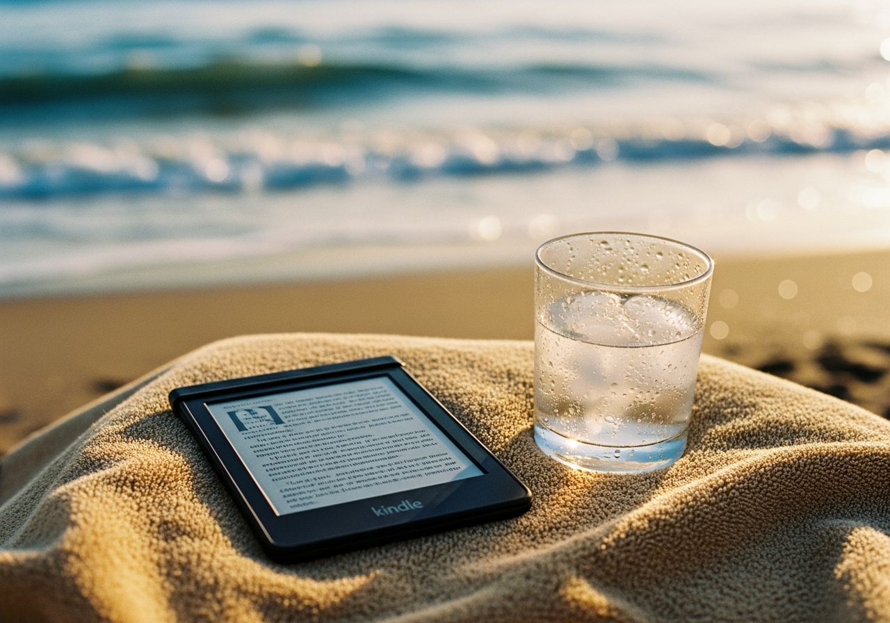 ビーチタオルに置かれた防水のKindle