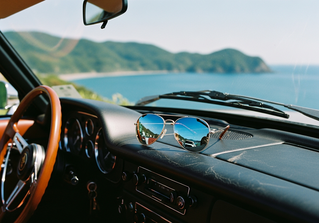 車のダッシュボードに置かれたティアドロップサングラス