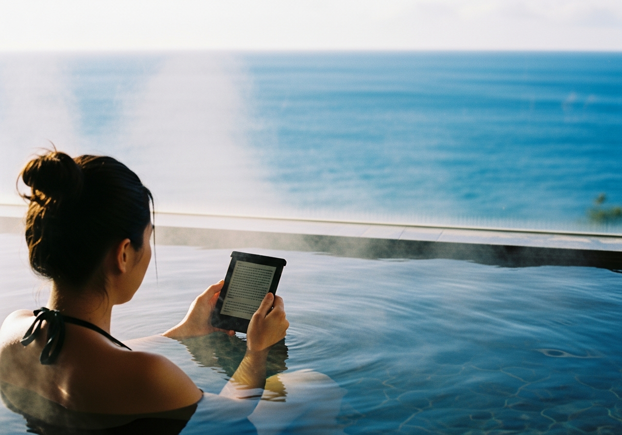 海が見える温泉で防水電子書籍リーダーを使う人