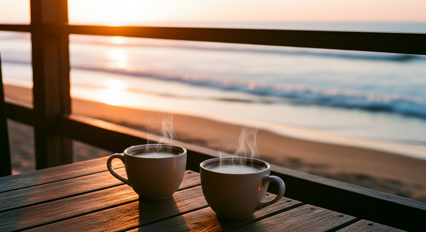 海沿いのカフェテラス、夕暮れのコーヒータイム