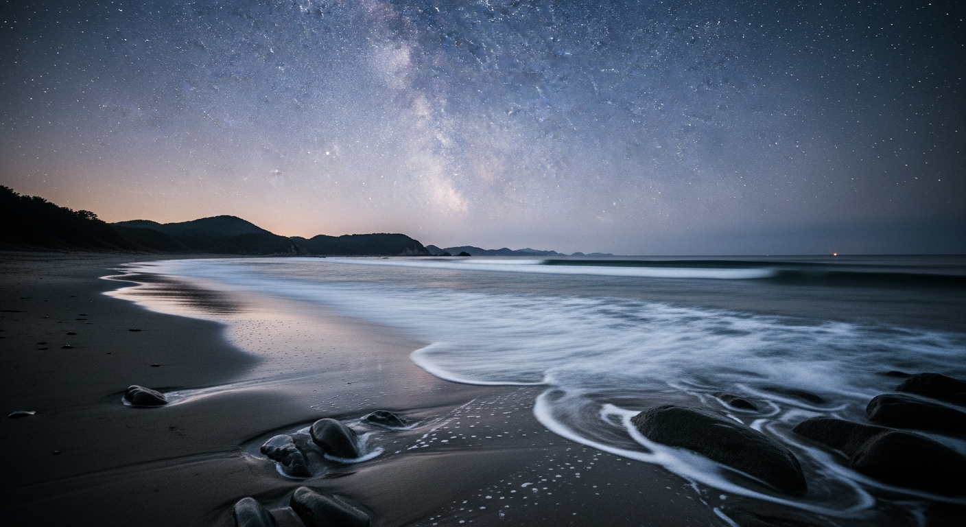 星空の下、静かな波が寄せる夜のビーチ
