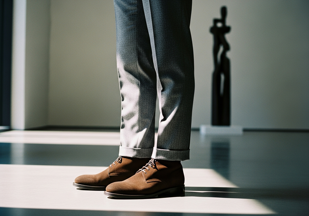 ダークブラウンのスエードチャッカブーツを履いた男性の足元。モダンなアートギャラリーの磨かれたコンクリートの床に立っている。