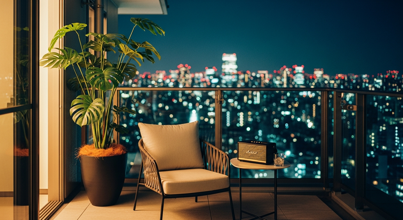 都会の夜、バルコニーは最高のサンクチュアリ。