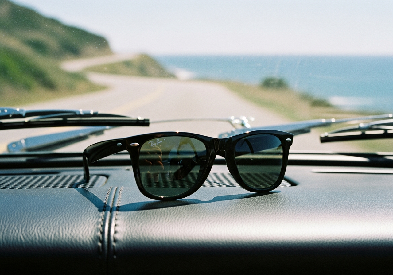 coastal road, Ray-Ban Wayfarer on dashboard