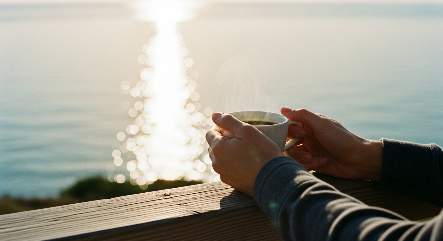 テラスで海を眺めながらコーヒーを飲む
