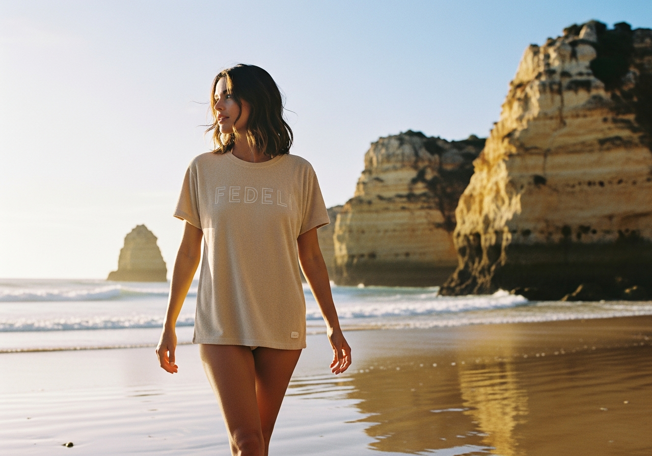 FedeliのテリークロスTシャツを着た女性がビーチを歩いている様子