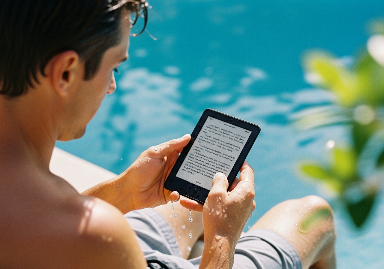 プールサイドで防水電子書籍リーダーを読む男性