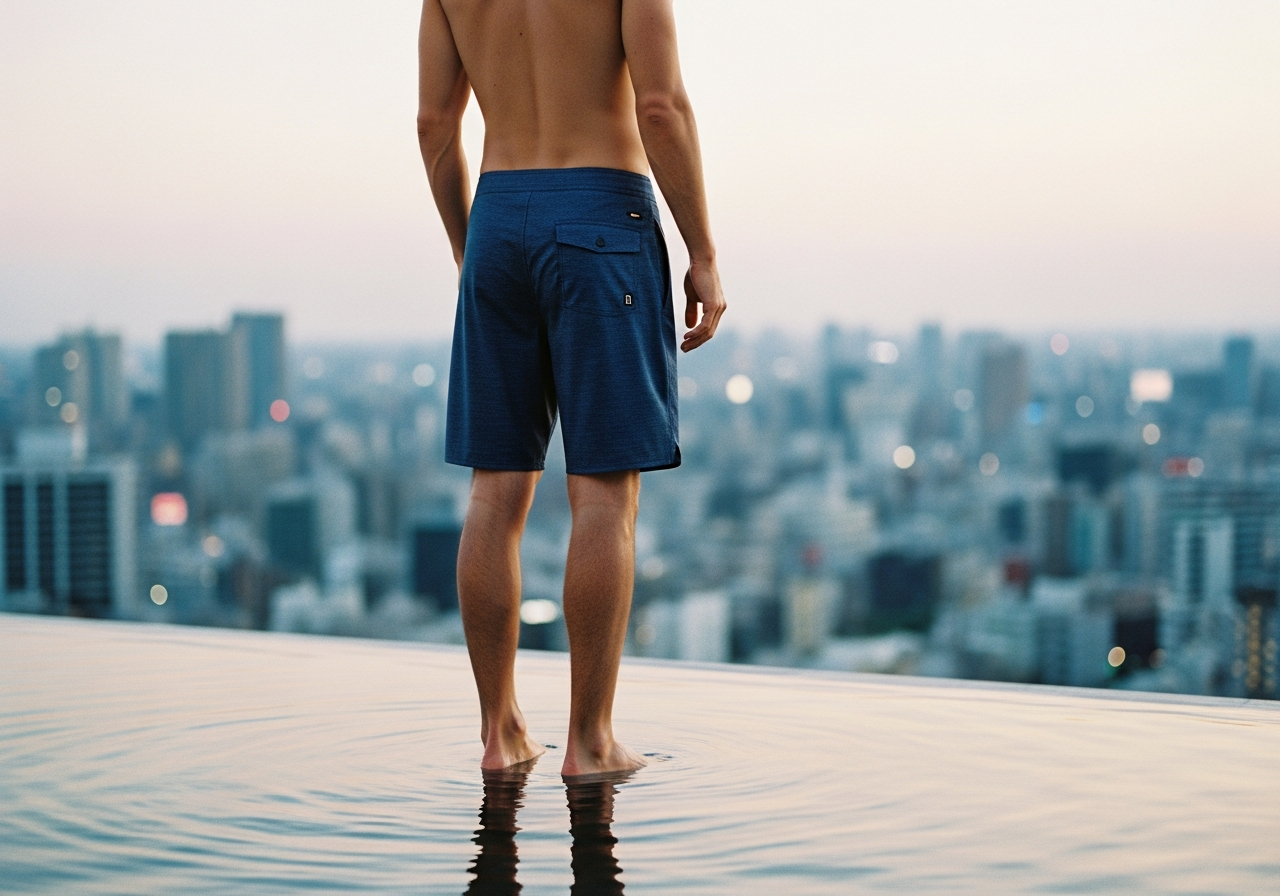 プールサイドのシャワーを浴びる男性