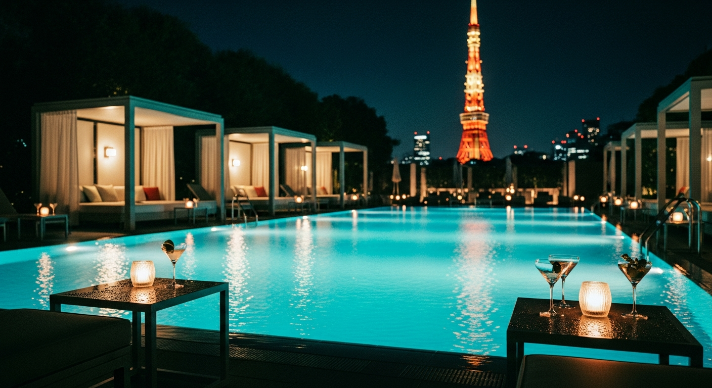 ライトアップされた夜のホテルプールと東京タワー