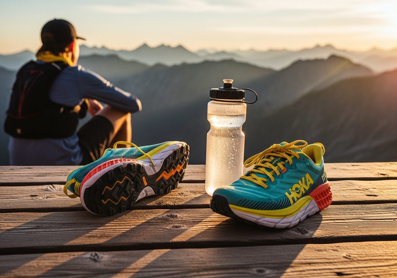 HOKAのトレイルランニングシューズが置かれた高原のウッドデッキ