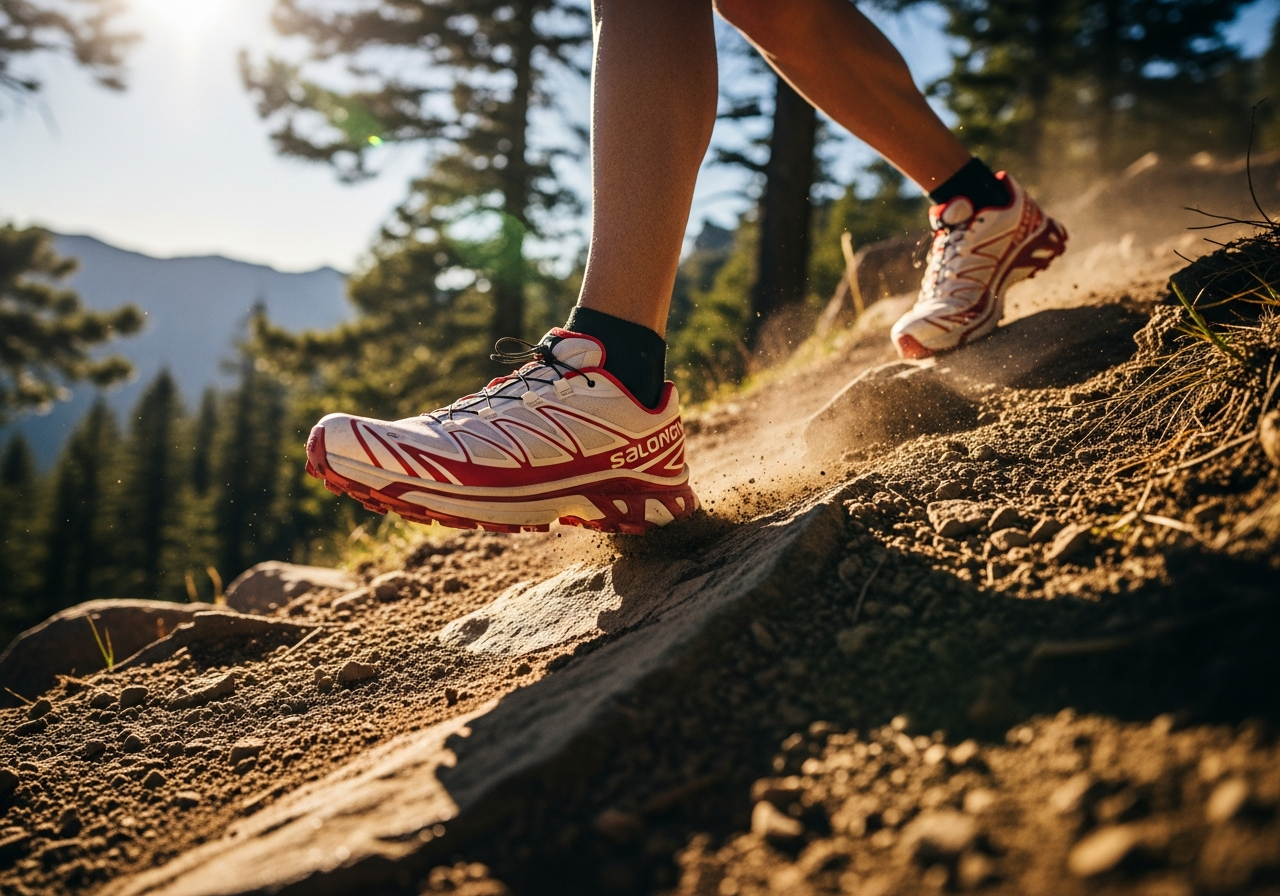 岩場のトレイルを駆け抜けるSalomonのシューズを履いた足元