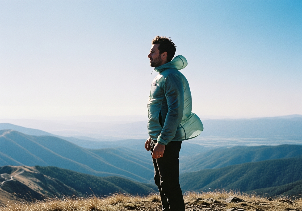 山の頂上でPatagoniaの軽量ジャケットを羽織る男性