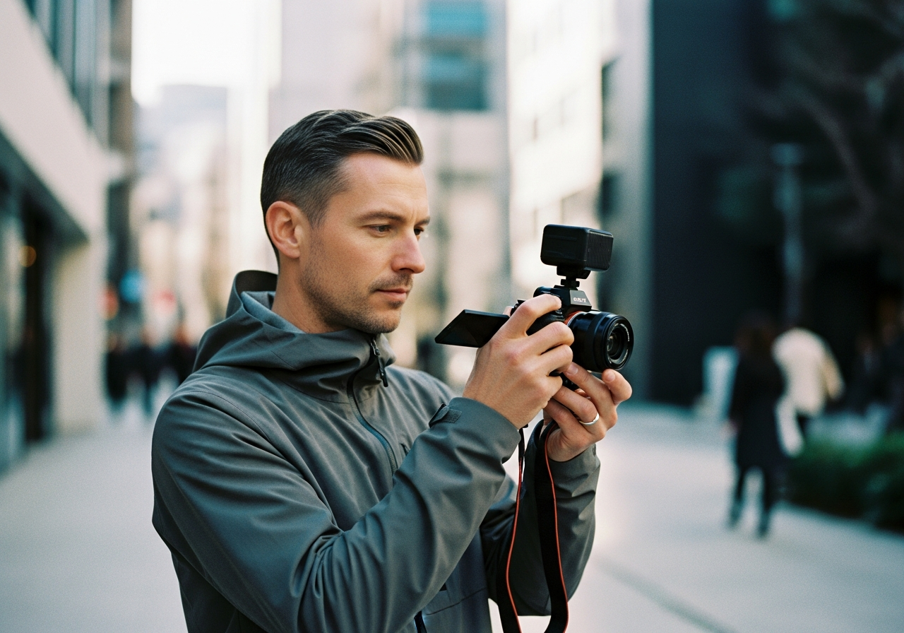 Sony α7C IIを手にVlogを撮影する男性