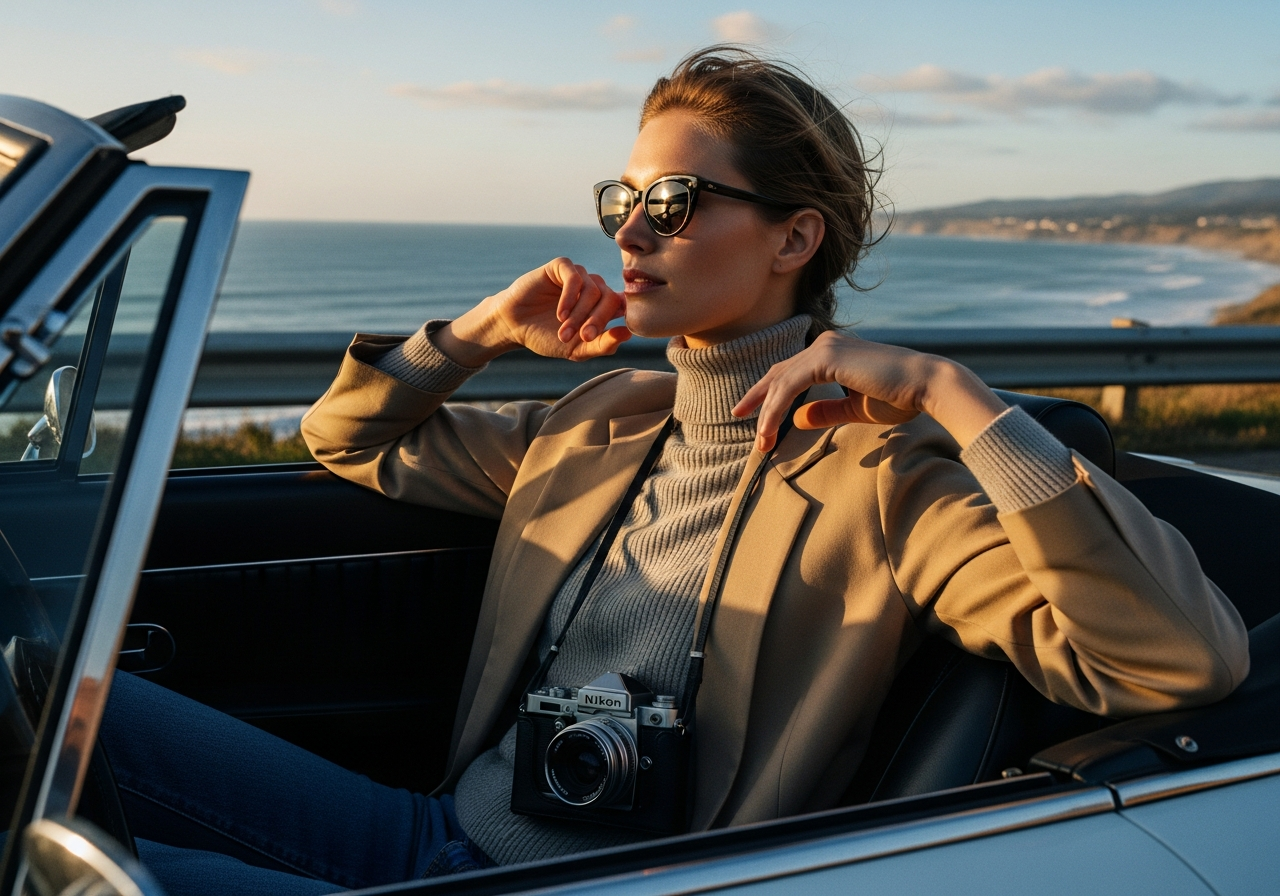 ヴィンテージカーの助手席でNikon Z fを持つ女性