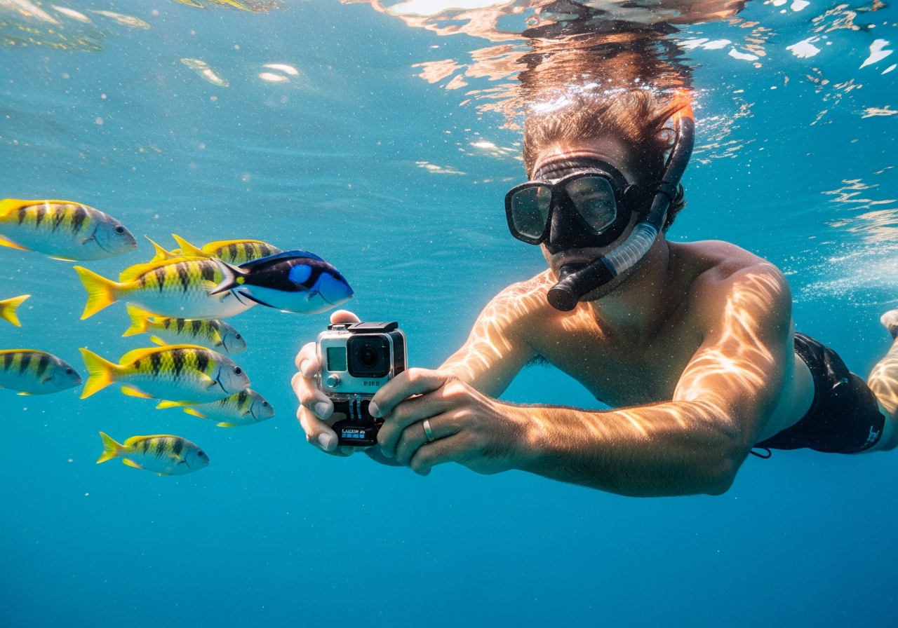 シュノーケリングでGoProを使い、魚の群れを撮影する男性
