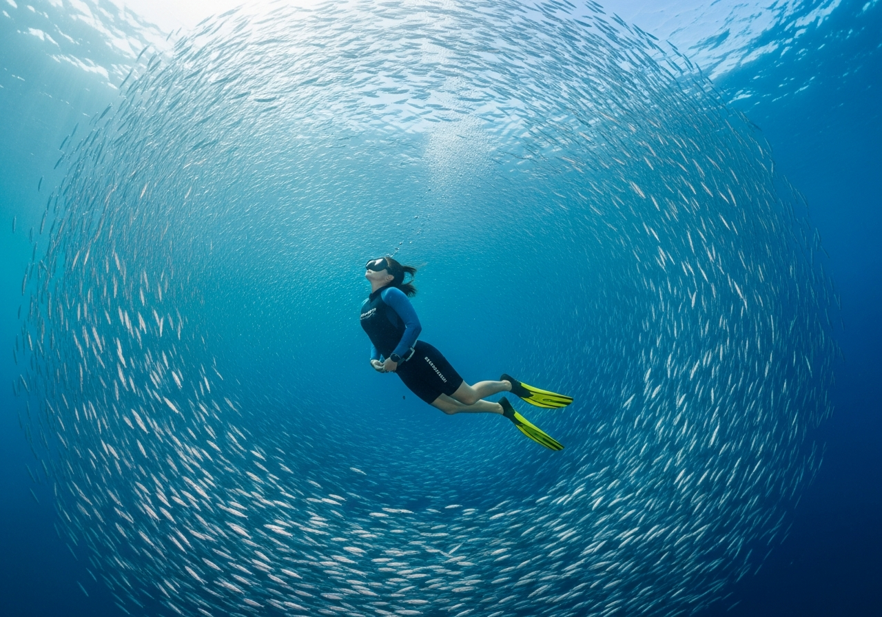 360度カメラで撮影された、ダイバーを取り囲む魚の群れ