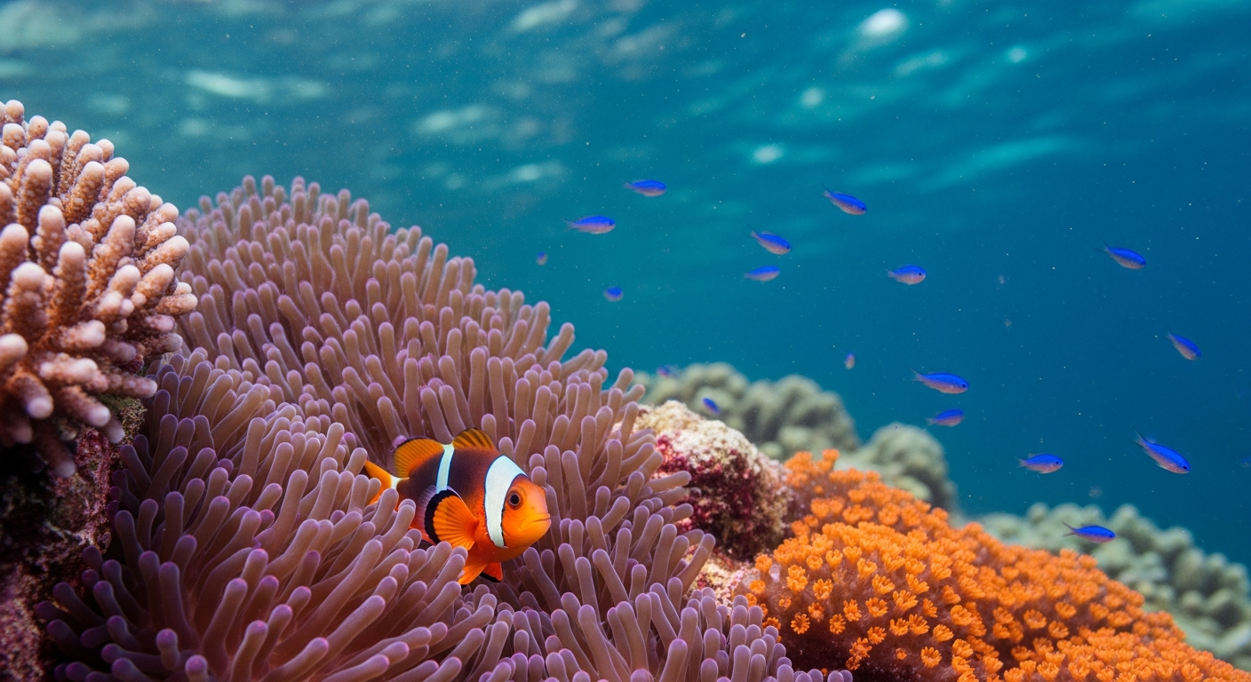 色鮮やかなサンゴ礁と、その間を泳ぐ熱帯魚