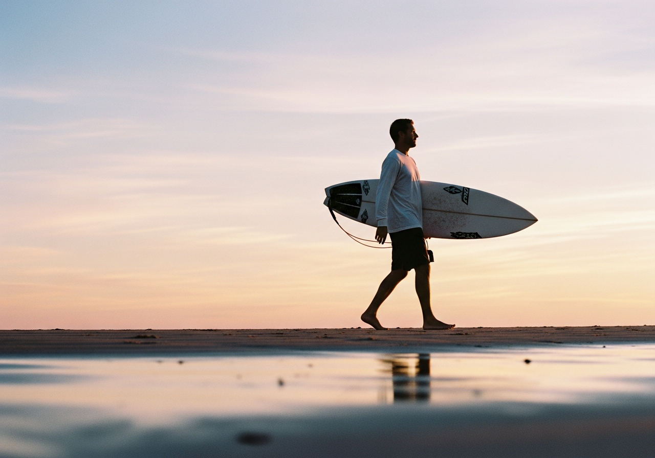 OuterknownのロングスリーブTシャツを着た男性が夕暮れの海辺を歩く