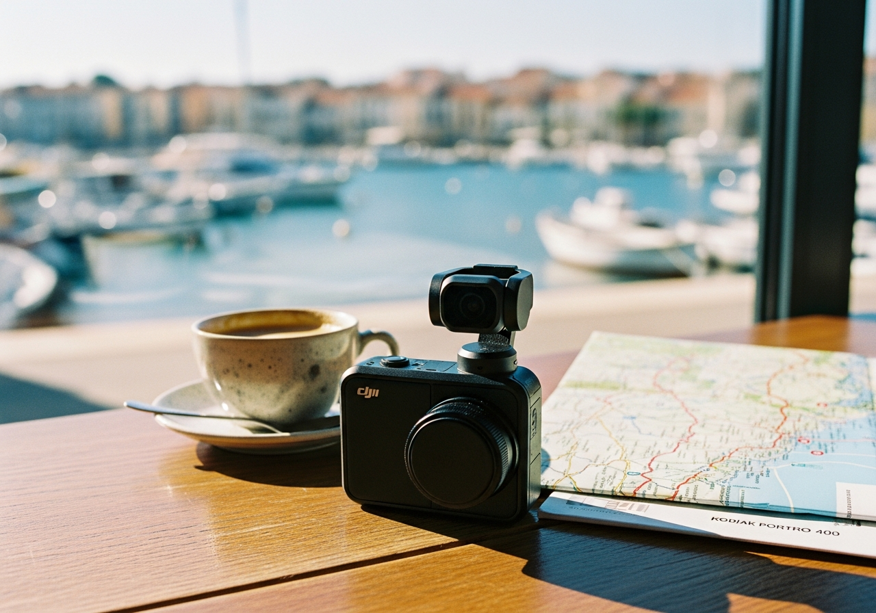 DJI Osmo Pocket 3がカフェのテーブルに置かれている様子